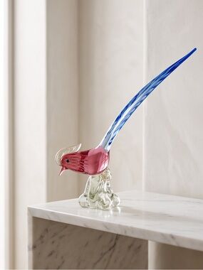 Murano Red-Pink Bird Figurine with Blue Tail